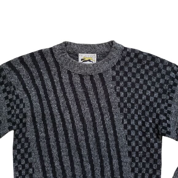 Vintage Le Tigre Sweater Mens Medium Gray Geometric Stripe Knit Crewneck 90s - Picture 3 of 10